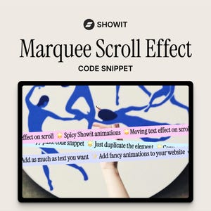 Może przedstawiać: Grafika cyfrowa z tekstem SHOWIT Marquee Scroll Effect CODE SNIPPET nad ekranem przedstawiającym trzy poziome paski z tekstem, w tym Spicy Showit animations, Moving text effect on scroll oraz Add fancy animations to your website.