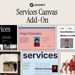Może przedstawiać: Cyfrowy wyświetlacz graficzny prezentujący dodatek Showit Services Canvas. Układ zawiera wiele makiet interfejsu strony internetowej z nagłówkami takimi jak Services, Design & Innovation oraz Brand Identity & Positioning, zawierającymi różne fotografie, bloki tekstu i palety kolorów.
