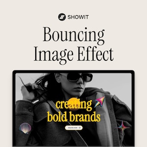 Może przedstawiać: Cyfrowy wyświetlacz prezentujący efekt odbijającego się obrazu Showit z żółtym napisem "creating bold brands", czarno-białym zdjęciem osoby w okularach przeciwsłonecznych, ikoną kursora oraz dwoma małymi, kolorowymi symbolami graficznymi.