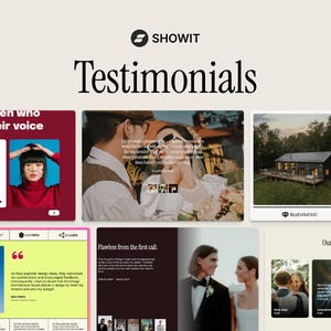 May include: A digital collage displaying the Showit Testimonials page, featuring various client reviews, photographs of couples, and architectural imagery. The layout includes text blocks, star ratings, and brand logos arranged in a grid format.