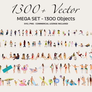 Puede incluir: Una ilustración digital con una colección de más de 1300 objetos vectoriales, incluyendo personas en varias poses y actividades. La imagen incluye el texto "MEGA SET - 1300 Objects" y "SVG | PNG - COMMERCIAL LICENSE INCLUDED".