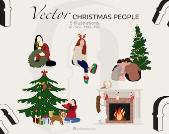 Clipart kerstmensen: platte vectorillustraties (digitale download)