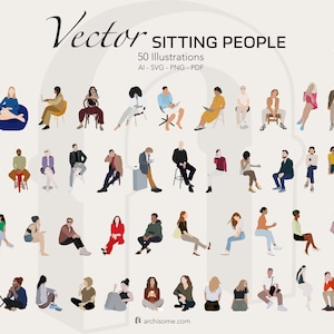 Flat Vector Sitting People Clipart, SVG, AI, PNG, PdF, Cutout People Illustrations, Wall Art Design Clipart, Instant Digital Download