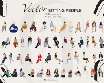 Flat Vector Sitting People Clipart, SVG, AI, PNG, PdF, Cutout People Illustrations, Wall Art Design Clipart, Instant Digital Download