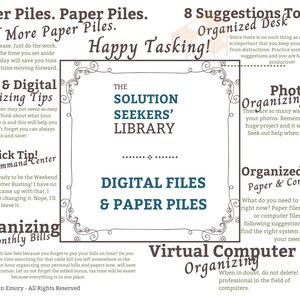 May include: A graphic with text about organizing digital files and paper. The Solution Seekers' Library is the central theme, with tips on organizing bills, photos, and desks. The image is in shades of black, white, and teal.