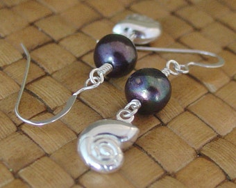 SALE: Sterling Silver and Purple Peacock Freshwater Pearl Nautilus Shell Charm Earrings