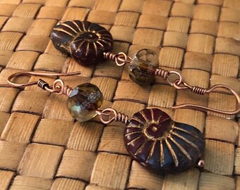 Czech Glass Nautilus Shell Bead Dangle Earrings, Copper, Long Dangle Earrings