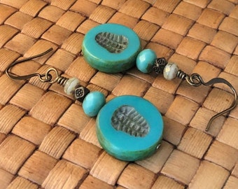 Trilobite Bead Earrings, Turquoise Czech Glass, Antiqued Gold Plated