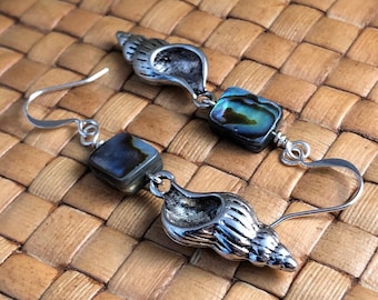 Paua Shell and Sea Shell Charm Dangle Earrings, Silver Plated