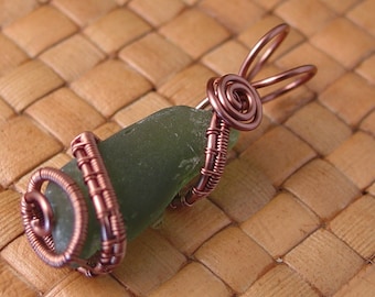 SALE: Sea Glass and Antiqued Copper Wire Pendant, Dark Green Authentic Sea Glass