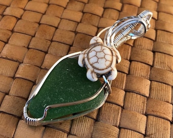 Sterling Silver and Sea Glass Pendant, Kelly Green and White Howlite Sea Turtle Bead