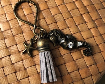 Seahorse with Rhinestones, Grey Tassel and Starfish - Antiqued Bronze Teardrop Shaped Keychain