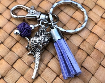 Murex Shell Charm, Lilac Tassel and Purple Sailor's Knot Bead, Silver Plated Keychain