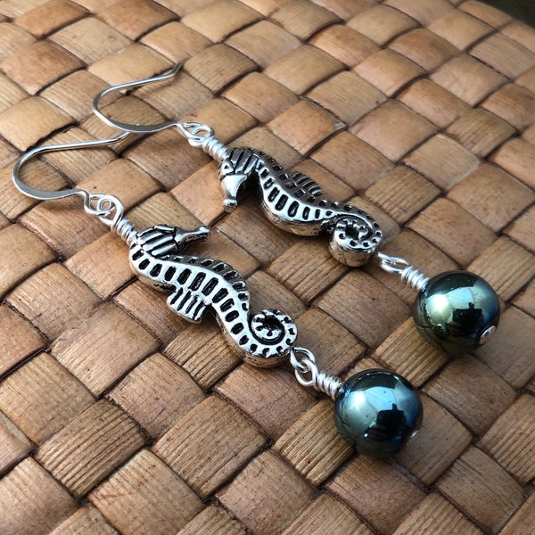 SALE: Seahorse and Iris Green Glass Bead Dangle Earrings, Silver Plated, Long Dangle