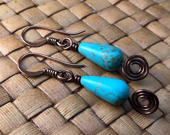 SALE:  Turquoise Magnesite Teardrop and Antiqued Copper Spiral Earrings