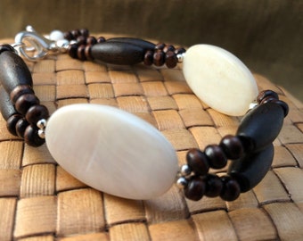 Mother of Pearl and Wood Bead Bracelet, Silver Plated Lobster Clasp,