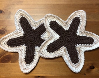 Set of 2 - Beach Themed Wash Cloths / Dish Cloths, Brown and Linen Stripes Cotton Yarn, Starfish