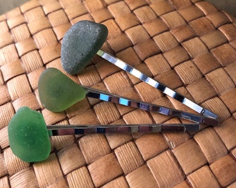 Green Sea Glass Bobby Pins (Set of 3), Green Ombre