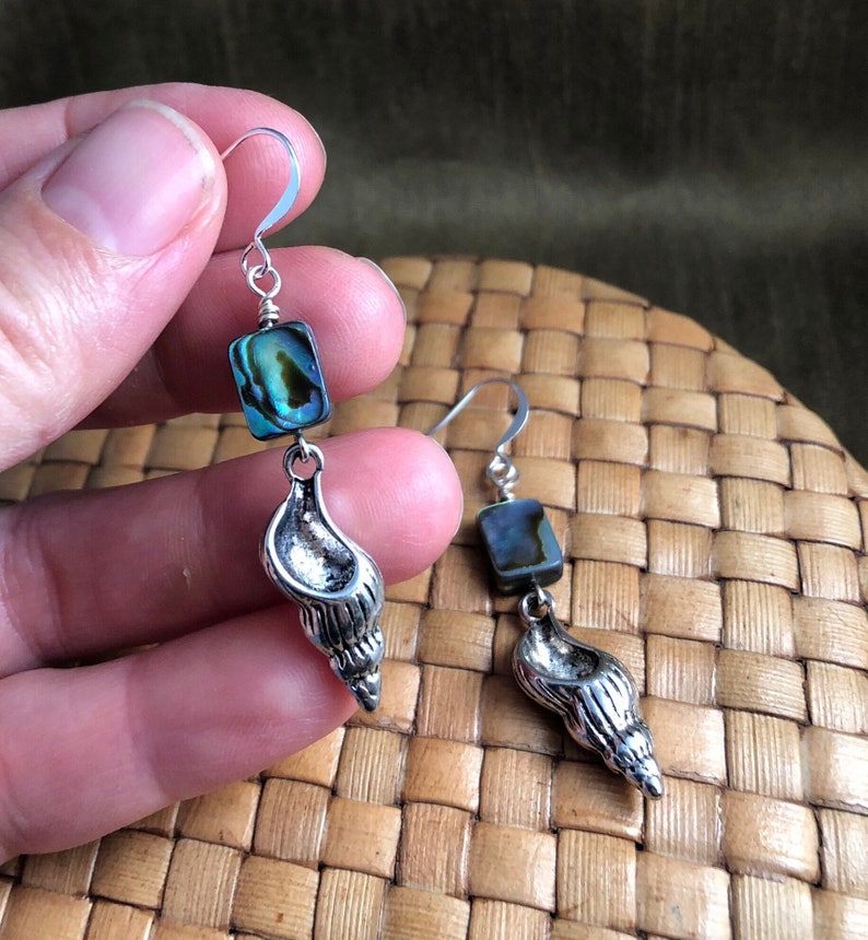 Paua Shell and Sea Shell Charm Dangle Earrings, Silver Plated image 5