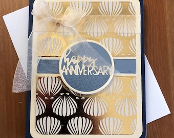 SALE: Sea Shell Happy Anniversary Card, Blue, Metallic Gold and Cream, Blank Inside