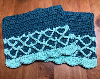 Set of 2 Mermaid Scale Dish Cloths in “Beach Glass” (pale aqua) and “Teal,” 100% USA Grown Cotton