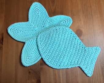 Set of 2 - Beach Themed Wash Cloths / Dish Cloths, Aqua Blue, 100% USA Grown Cotton Fish and Starfish