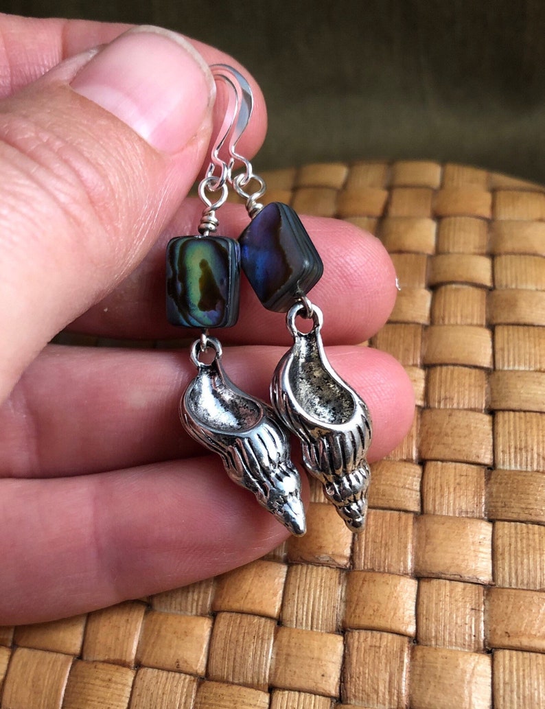 Paua Shell and Sea Shell Charm Dangle Earrings, Silver Plated image 6