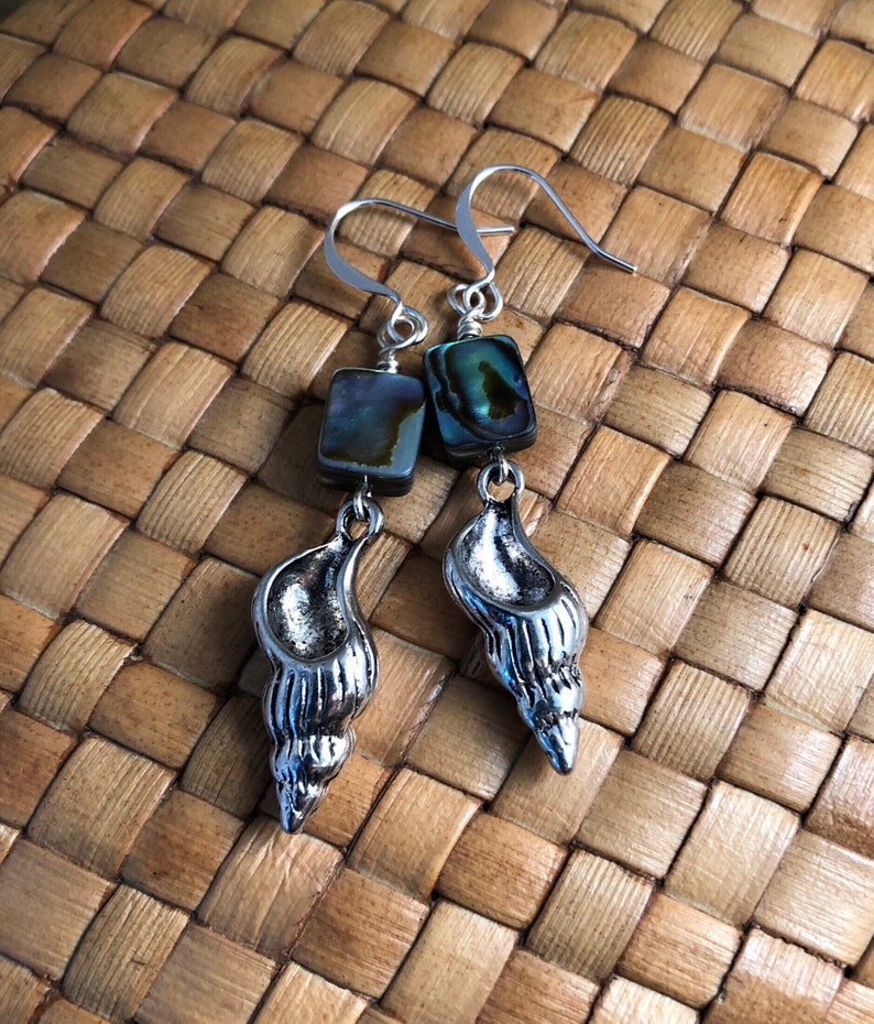 Paua Shell and Sea Shell Charm Dangle Earrings, Silver Plated image 2