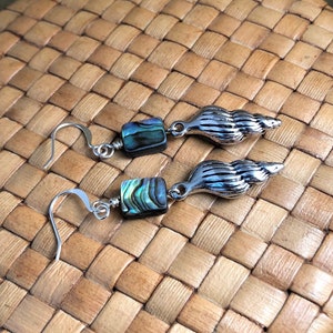 Paua Shell and Sea Shell Charm Dangle Earrings, Silver Plated image 3