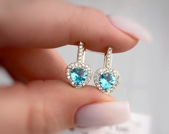 Dainty Colorful Heart Earrings, Sterling Silver CZ Stud Earrings, Minimalist Jewelry Gift for Girlfriend, Cute Earrings
