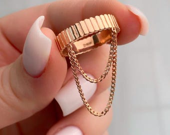 14K Vergoldeter Doppel Kettenring: Sterling Silber Minimalistischer Schmuck