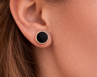 Black Onyx Stud Earrings for Women, Minimalist Round Gold and Silver Circle Earrings, Dainty Everyday Jewelry Gift for Her