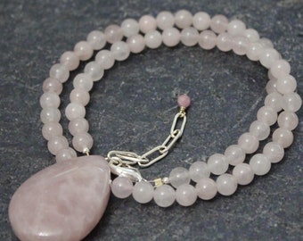 Rose Quartz Teardrop Pendant Necklace: Pink Beaded Quartz Jewelry