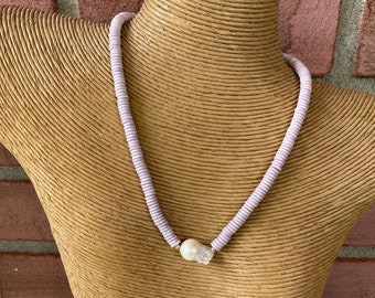 Lavender Agate Pearl Necklace, Baroque Pearl Pendant, Sterling Silver, Purple Lavender Agate Heishi Rondelle, Purple Jewelry, Pearl Necklace