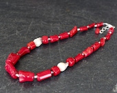 Red Coral Pearl Necklace, Graduated Red Coral Barrel Nuggets, Flameball Nucleated White Pearl, Coral Statement, Coral Jewelry, Red Necklace