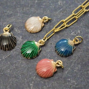 Gold Seashell Necklace, Green, Blue, Pink, White, Black Shell Pendant Charm, Gold Paperclip Chain, Summer Jewelry, Seashell Jewelry