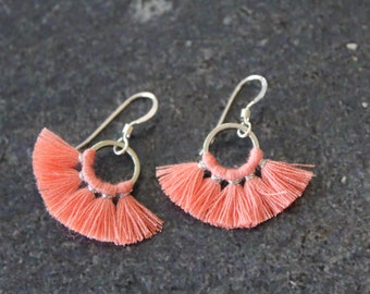 Pink Tassel Earrings, Round Tassel Earring, Silver Tassel Earrings, Sterling Silver, Tassel Jewelry, Circle Earring, Tassel Dangle