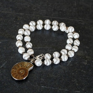 Ammonite Fossil Pendant Necklace: White Wave Agate & Smoky Quartz
