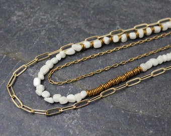 White Agate Gold Multi Strand Necklace, White Agate Nugget Beads, Gold Paper Clip Chain, Gold Cable Chain, Three Strand Necklace, White Gold