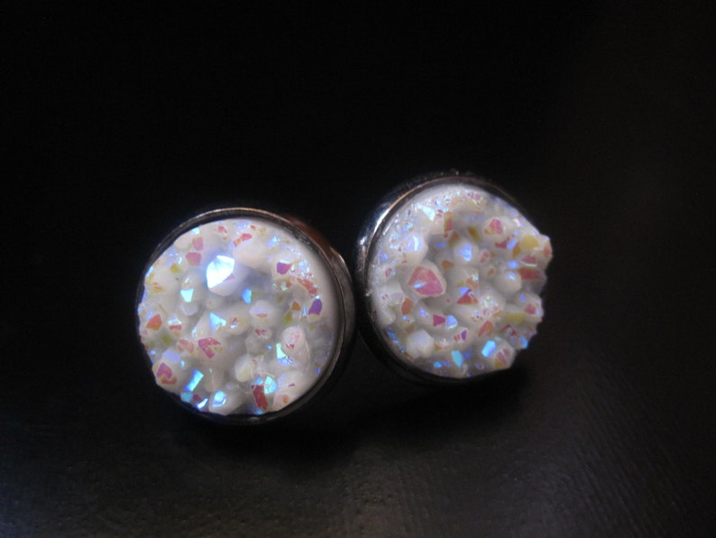 Gunmetal Post White 12mm Druzy Post Stud Earrings Gunmetal White Druzy Earrings White Druzy Earrings Druzy Earrings Drusy Earrings