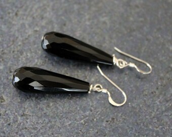 Black Onyx Teardrop Earrings, Faceted Black Onyx Teardrops, Sterling Silver, Black Onyx Jewelry, Teardrop Earrings, Long Black Earrings