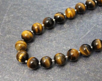 Tiger Eye Necklace, Sterling Silver, 12mm Tiger Eye Round Beads, Sterling Silver Round Beads, Tiger Eye Jewelry, Brown Beaded Tiger Eye