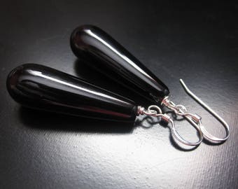 Black Onyx Teardrop Earrings, Smooth Black Onyx Teardrops, Sterling Silver, Black Onyx Jewelry, Teardrop Earrings, Long Black Earrings