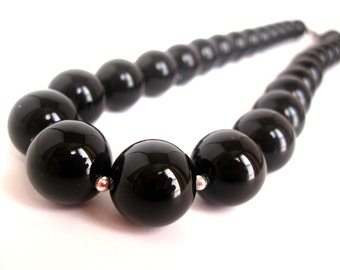 Black Onyx Necklace 14mm Onyx Round Beaded Sterling Silver, Chunky Black Bead Necklace, Black Onyx Jewelry, Black Beaded Necklace Choker