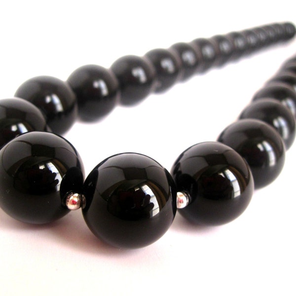 Black Onyx Necklace 14mm Onyx Round Beaded Sterling Silver, Chunky Black Bead Necklace, Black Onyx Jewelry, Black Beaded Necklace Choker