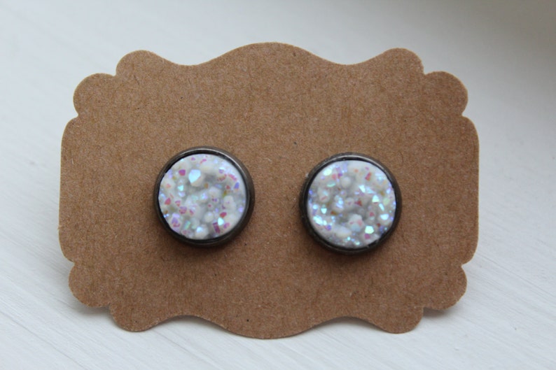 Gunmetal Post White 12mm Druzy Post Stud Earrings Gunmetal White Druzy Earrings White Druzy Earrings Druzy Earrings Drusy Earrings