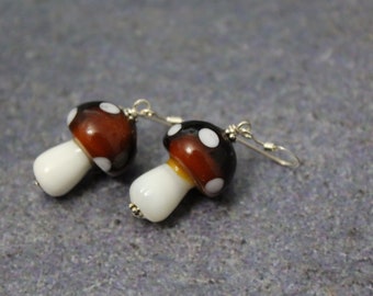 Large Brown Mushroom Earrings, Glass Mushroom, Mushroom Jewelry, Blown Glass Mushroom, Sterling Silver, White Brown Mushroom