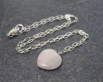 Rose Quartz Heart Necklace: Silver Paperclip Chain