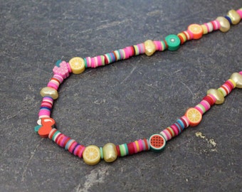 Fruit Necklace, Clay Fruit Beads, Clay Necklace, Multicolored Rainbow Clay Rondelles, Fruit Jewelry, Yellow Freshwater Pearls