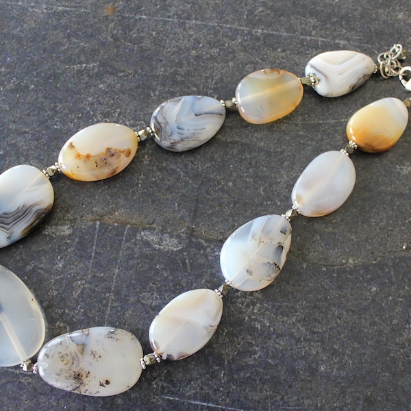 Natural Agate Slab Necklace, Agate Jewelry, Freeform Flat Slab, Agate Necklace, White Gray Brown Agate, Large Agate Beads, Pyrite Agate